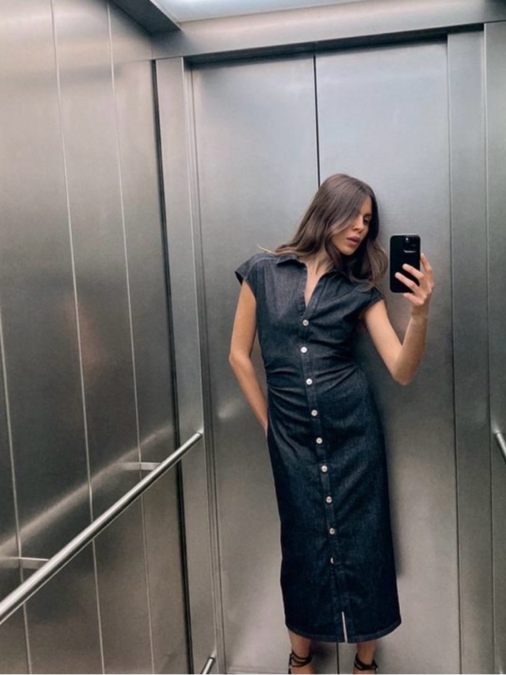 Zara Black Button-Front Denim Midi Dress